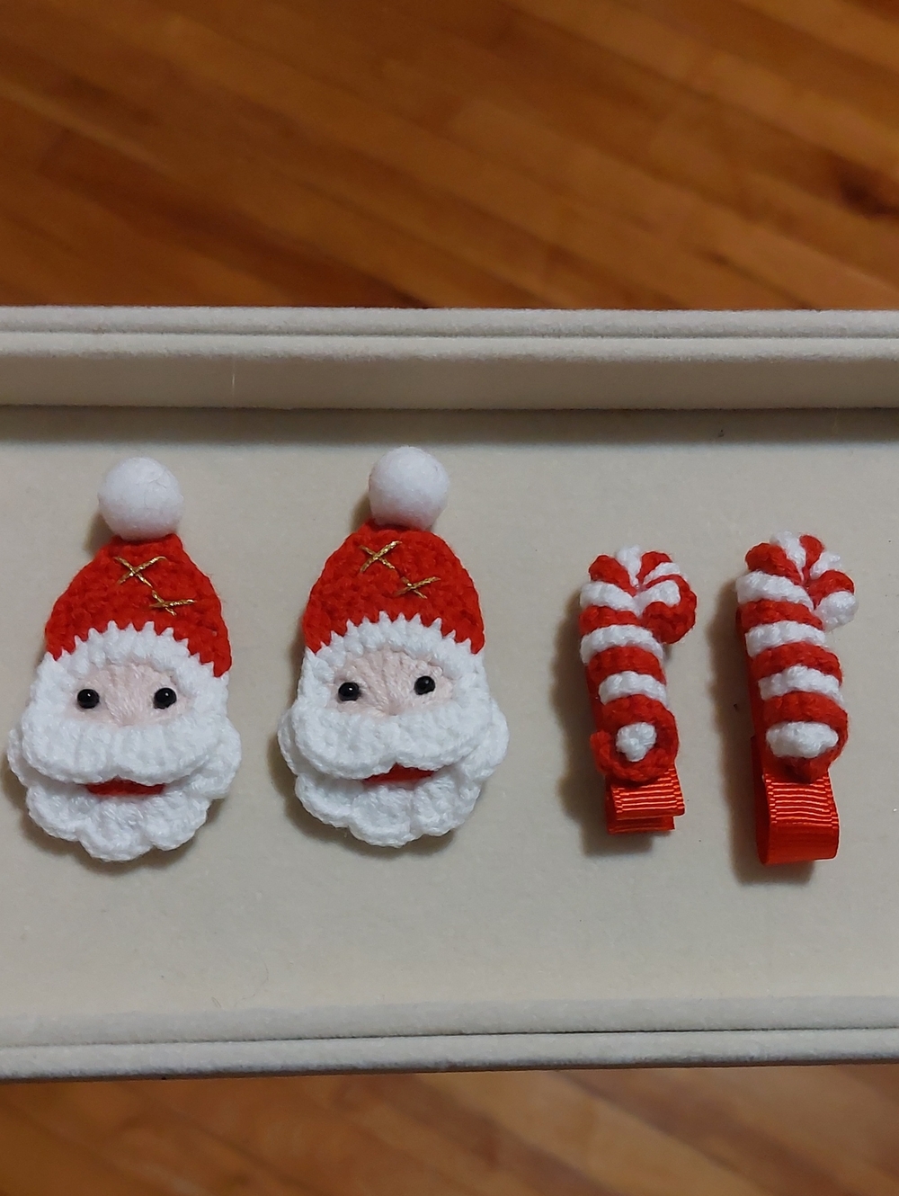 Handmade Crochet Christmas Hair Clip Set – Cute Santa & Candy Cane Clips